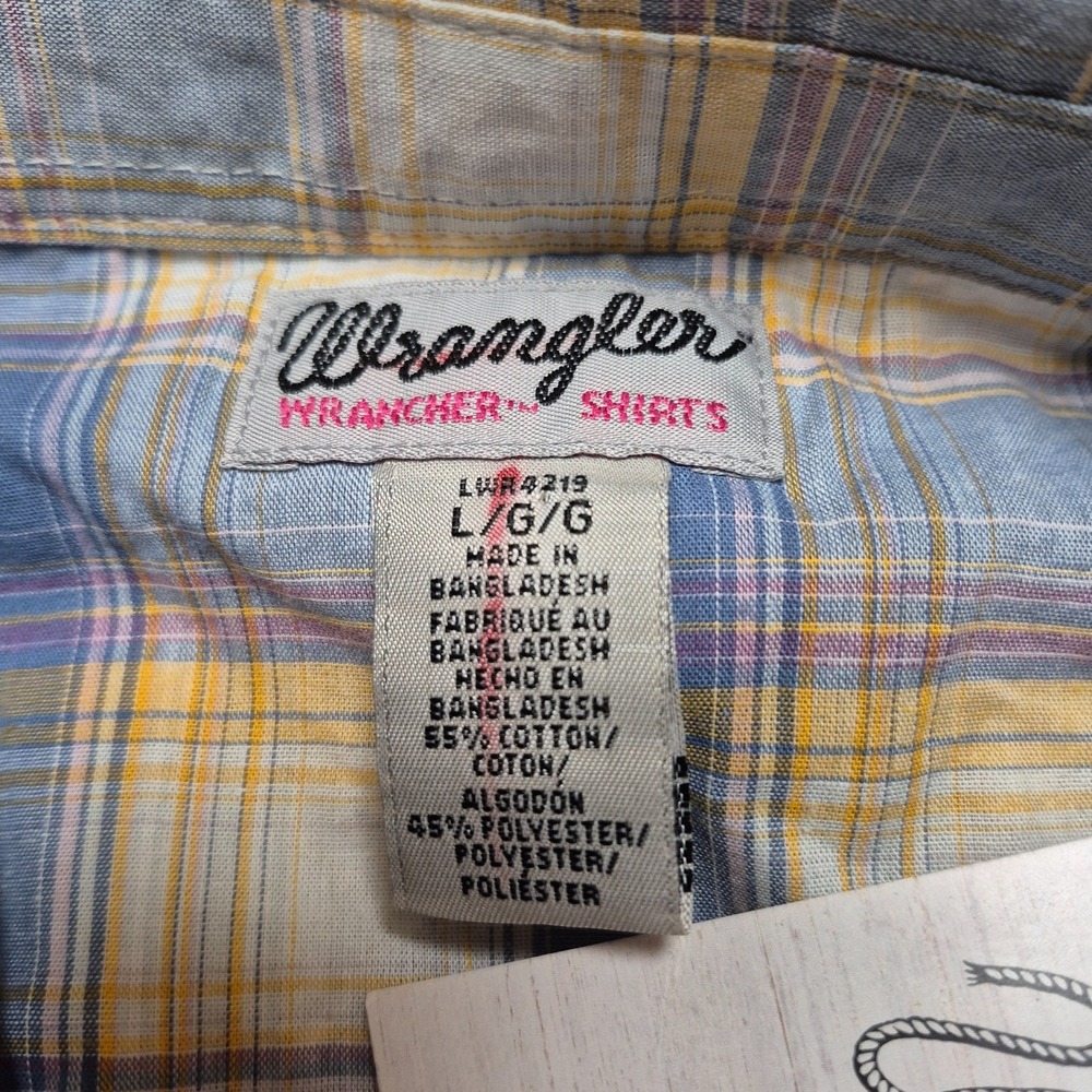 Wrangler Womens L Western Plaid Pearl Snap Shirt Long Sleeve Blue Yellow Cowgirl - Picture 7 of 8